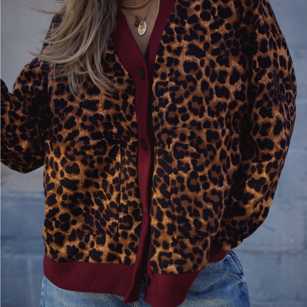 Leopard Print Sweatshirt Cardigan with Burgundy Trim